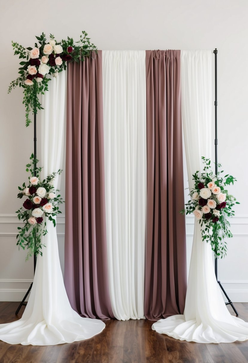 A white and mauve ceremony backdrop with flowing drapes and floral accents