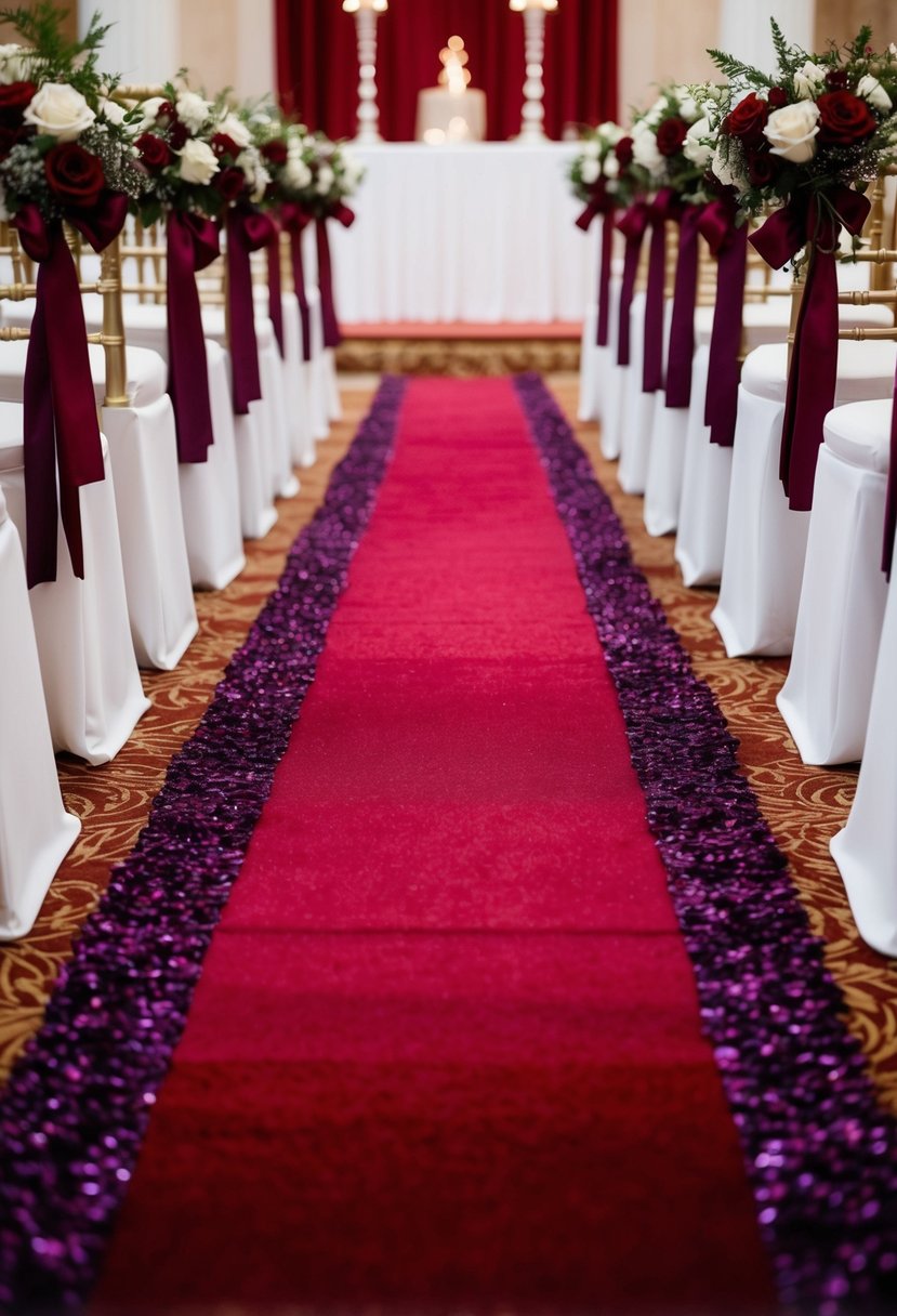 A blood red and violet aisle runner leading towards an elegant wedding altar