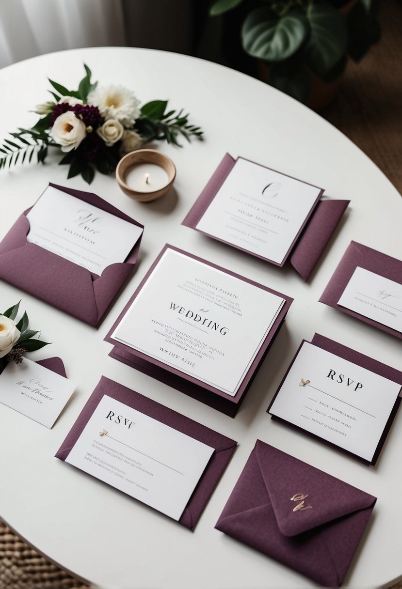 A wedding invitation suite with mauve accents, including invitations, RSVP cards, and envelopes, arranged neatly on a white table