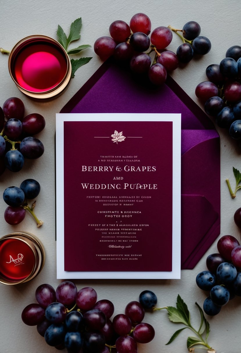 A blood red and purple wedding stationery set featuring berry and grape colors arranged in an elegant and cohesive design