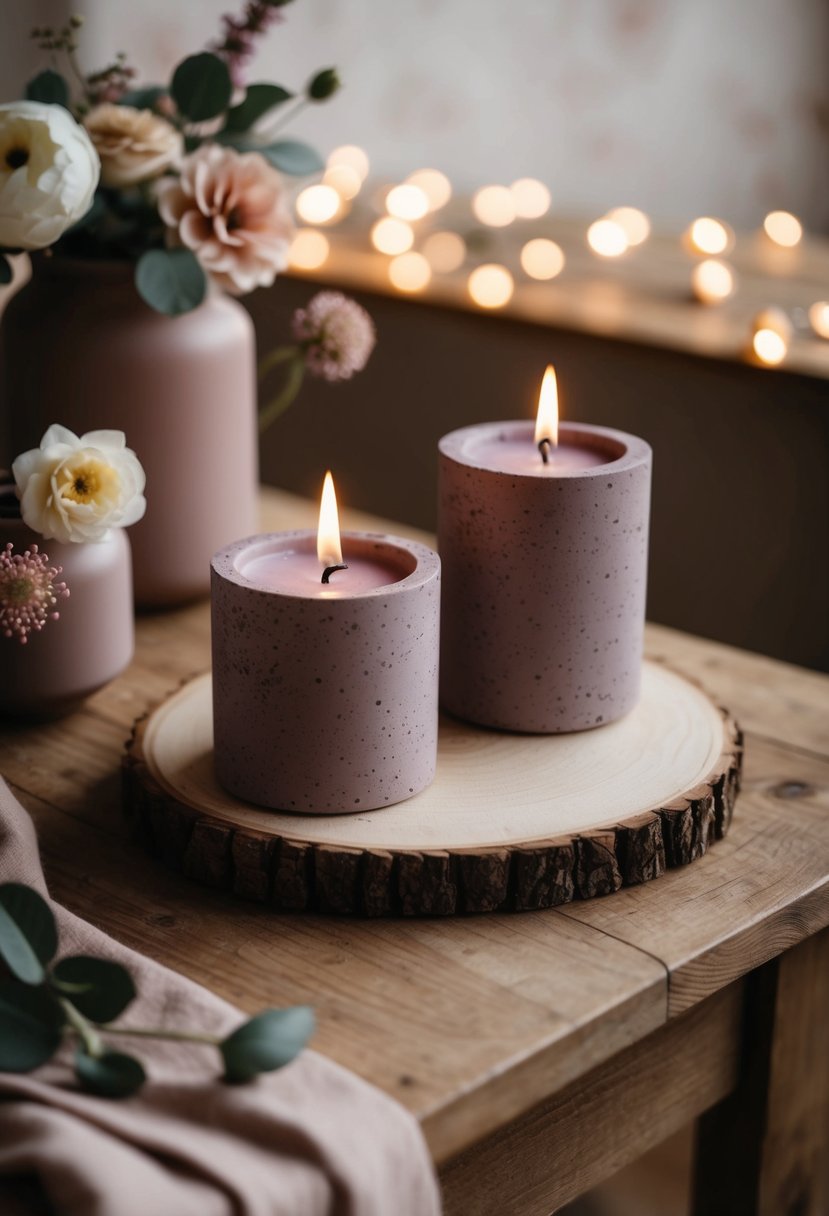 Two rustic mauve candle holders on a wooden table, surrounded by soft floral accents and warm lighting