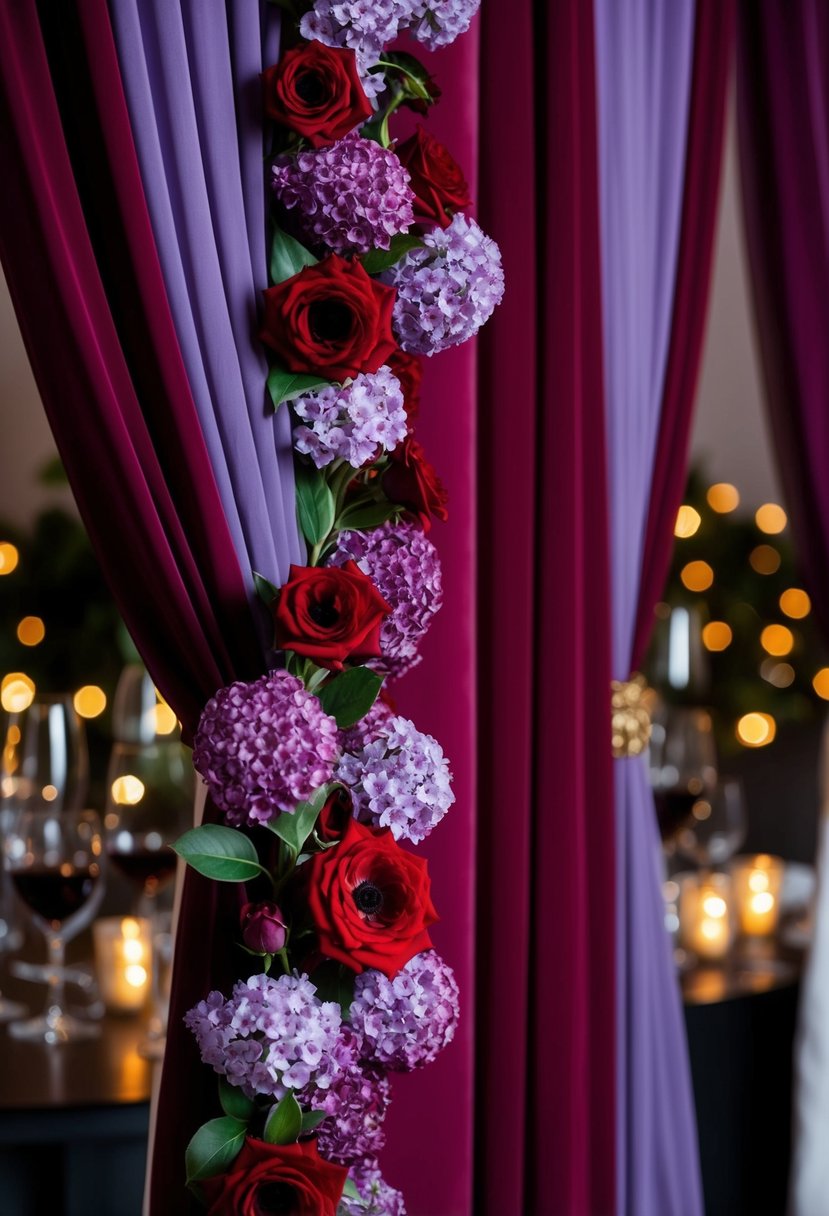 Blood red and lilac flowers intertwine with wine-colored drapes, adorning a cocktail hour setting