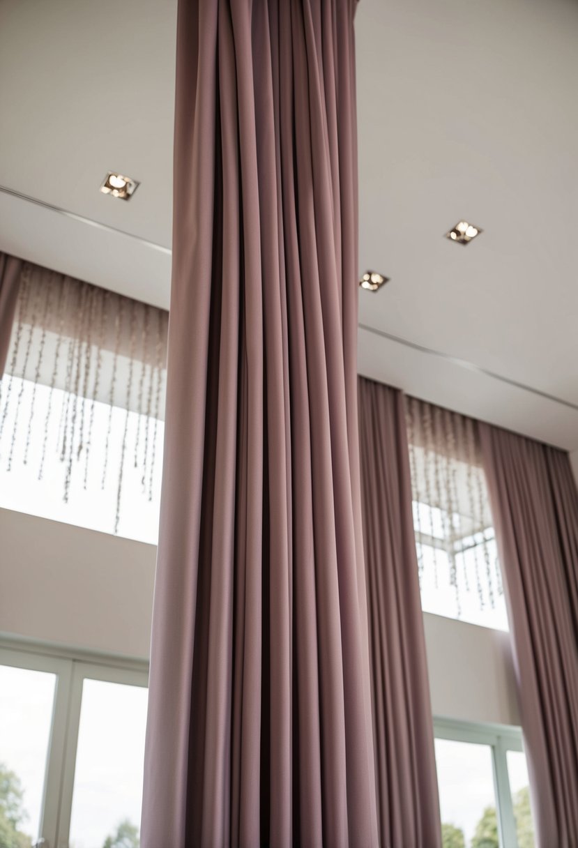 Elegant mauve draperies cascading from a ceiling, gently swaying in a soft breeze, creating a sense of romance and sophistication