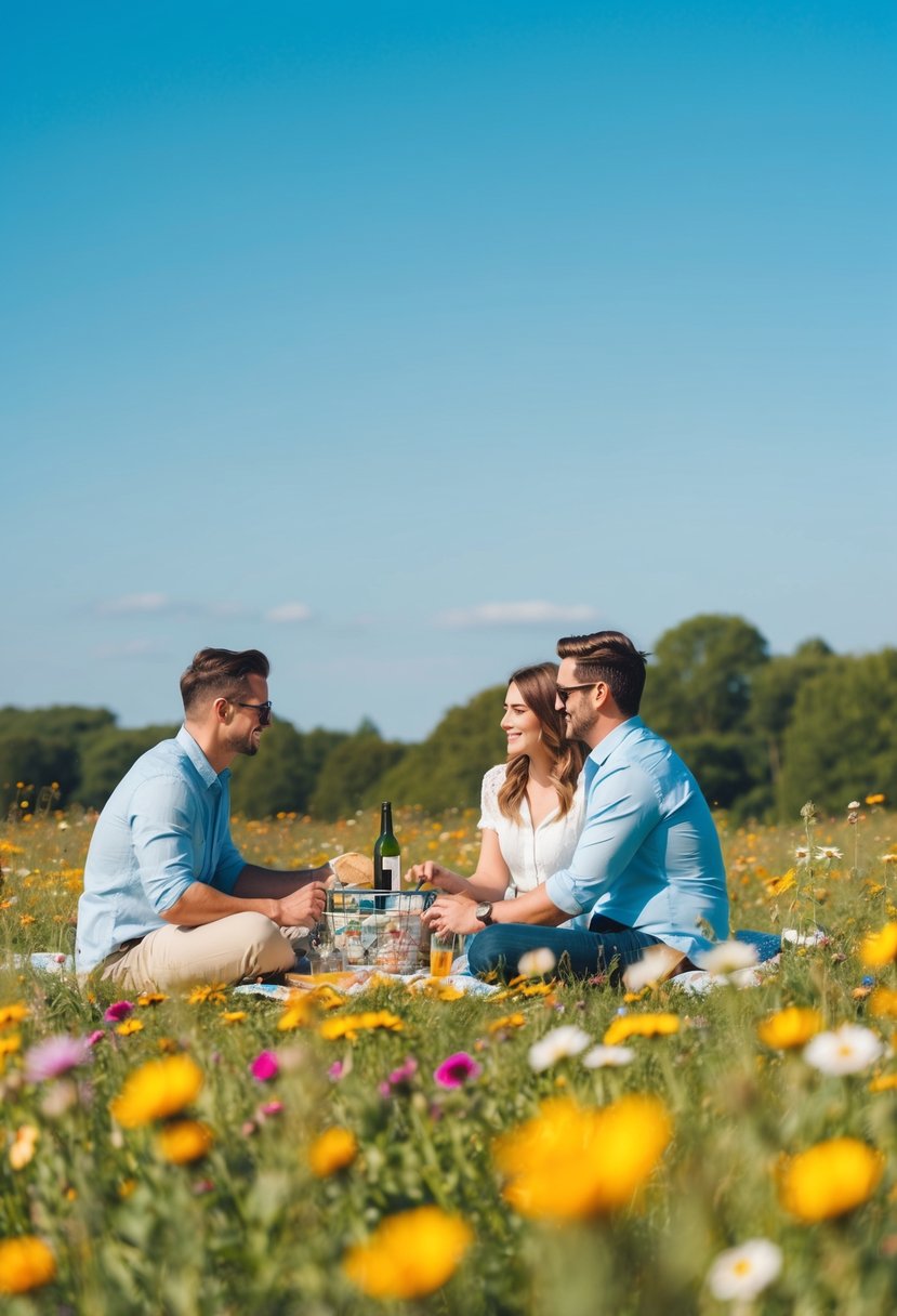 A couple picnicking in a sunny meadow surrounded by colorful wildflowers and a clear blue sky