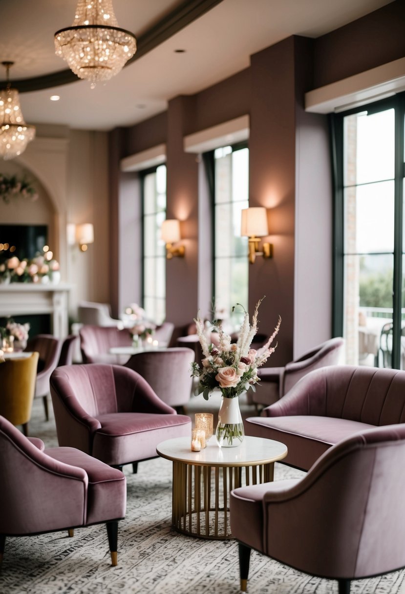 A cozy lounge area with mauve velvet furniture and accents, creating a romantic and elegant atmosphere for a wedding