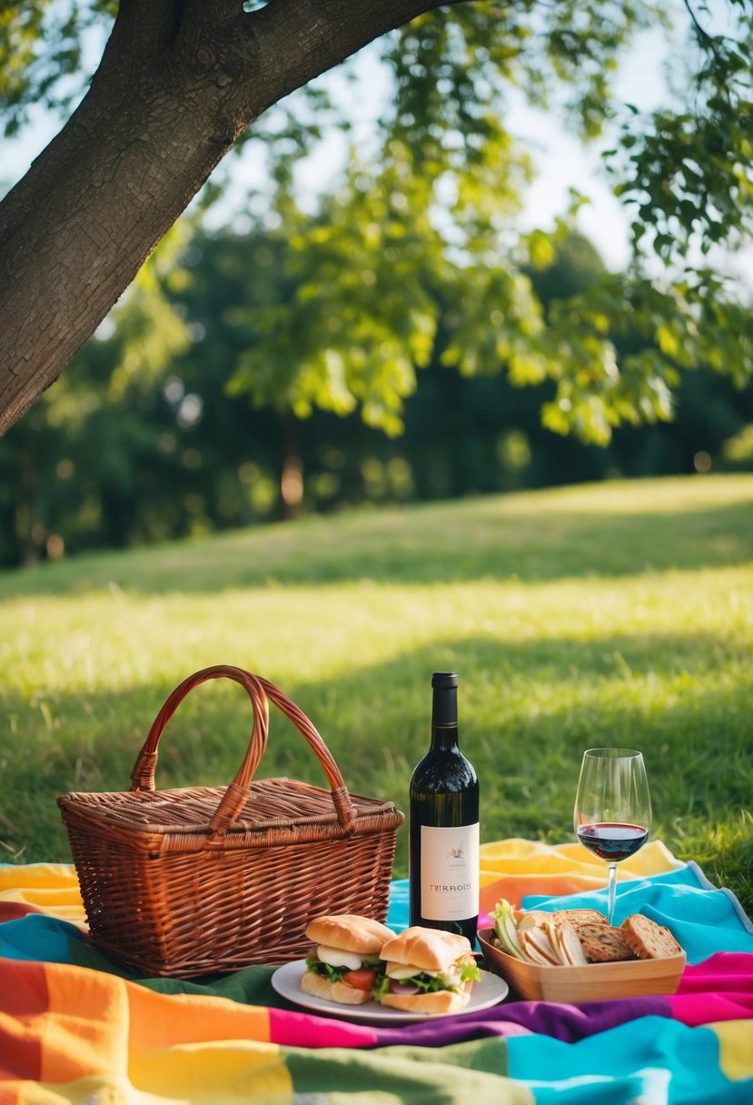 A colorful picnic blanket spread under a shady tree, surrounded by a basket of homemade sandwiches and a bottle of wine