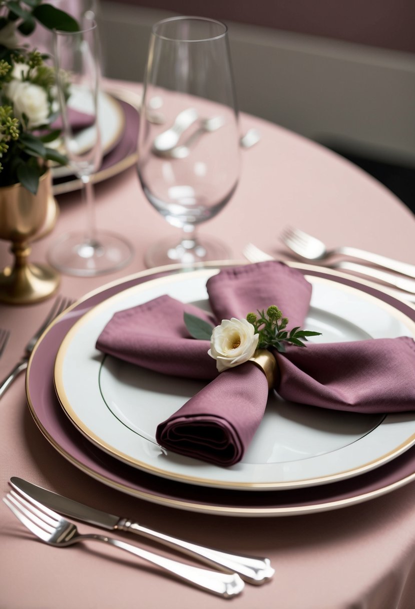 A table set with mauve and gold plates, napkins, and silverware