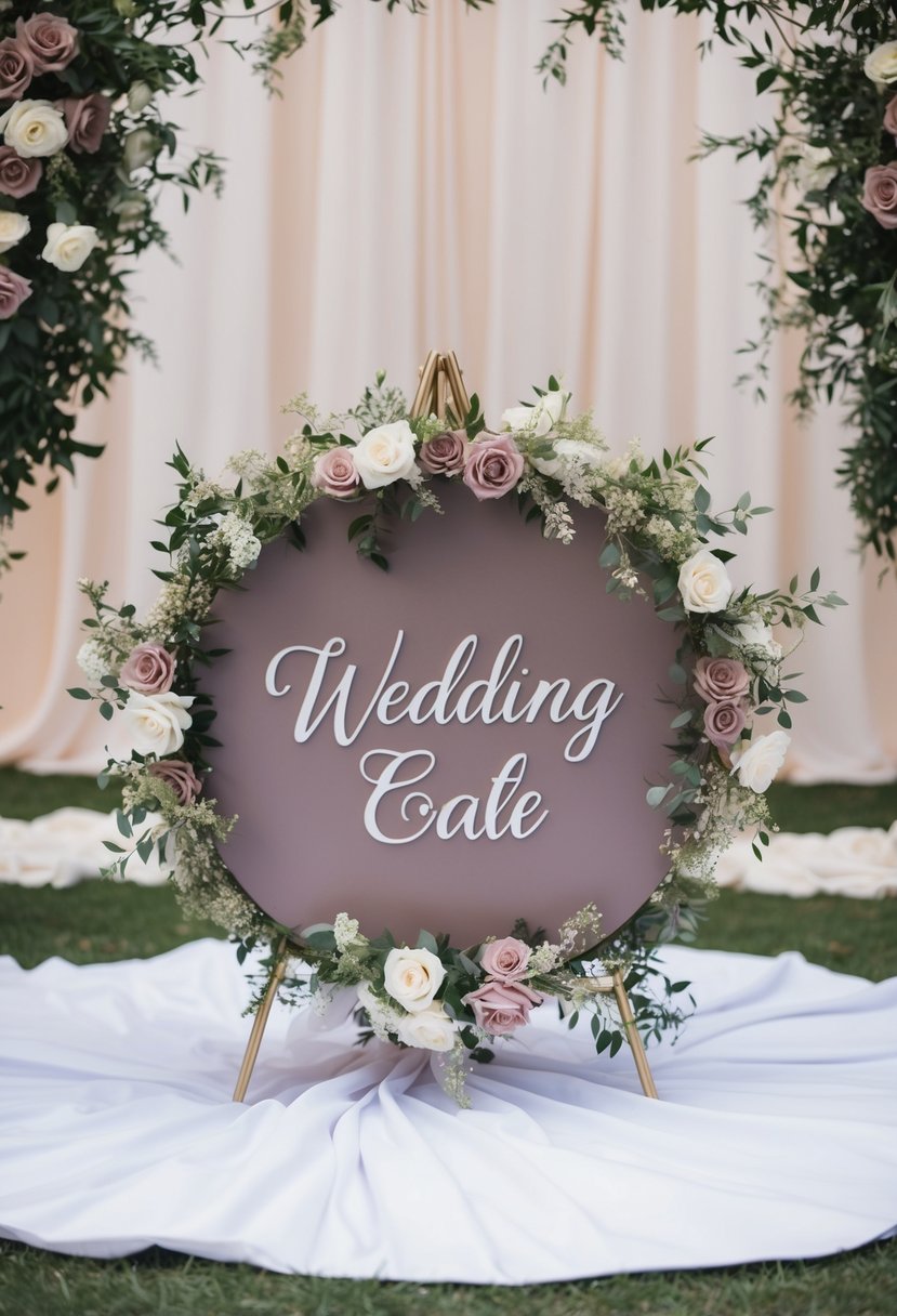 A beautiful wedding sign in shades of mauve, surrounded by delicate flowers and greenery, set against a romantic backdrop