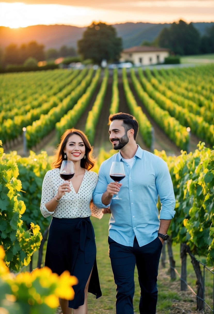 A couple strolls through lush vineyards at sunset, sipping wine and admiring the picturesque scenery of a local winery