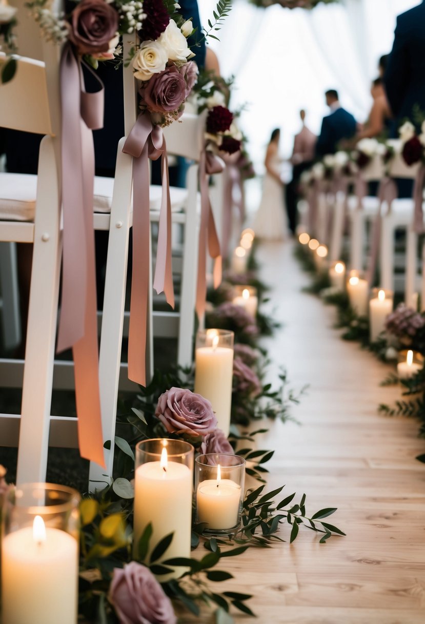 Aisle adorned with mauve and ivory flowers, ribbons, and candles