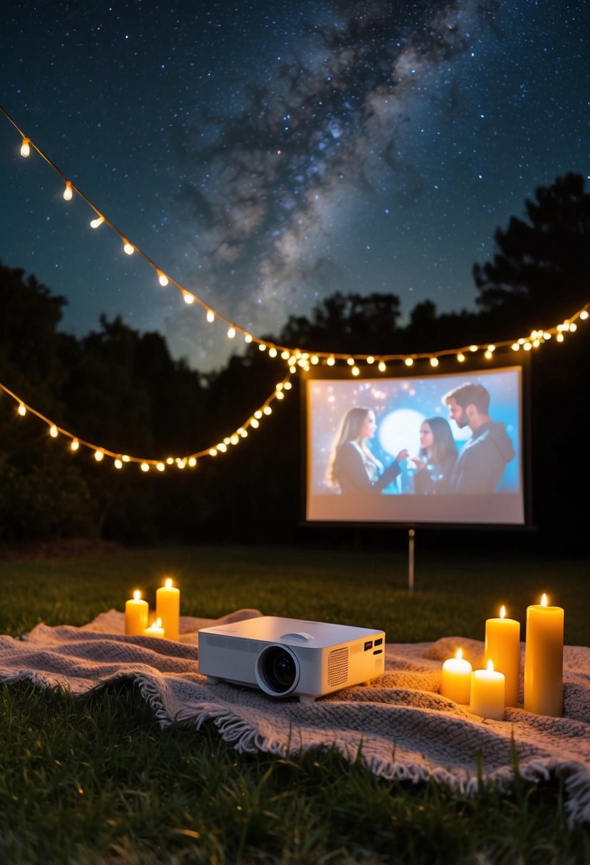 A cozy blanket spread out on the grass, with a projector showing a romantic movie under a starry sky. Twinkling lights and candles create a warm, intimate atmosphere