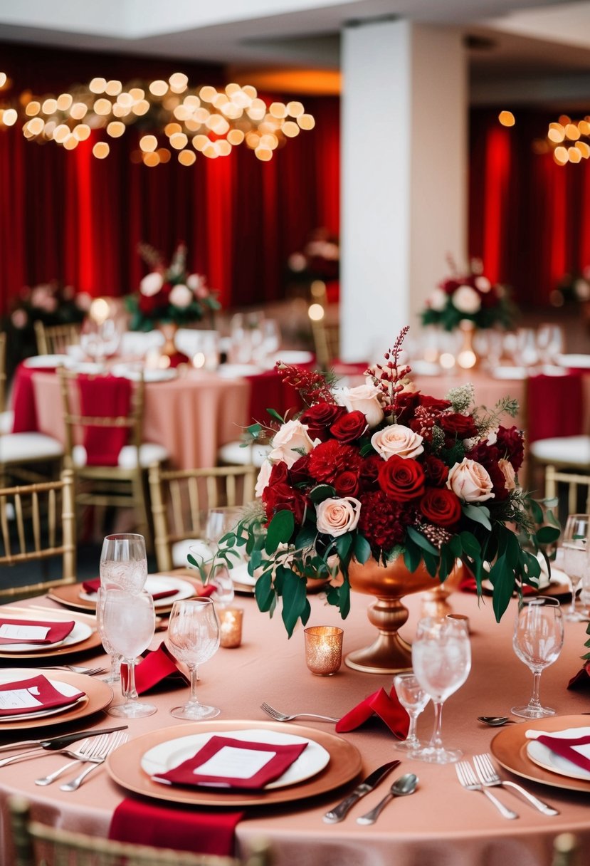 A red and rose gold wedding theme with floral centerpieces and elegant table settings