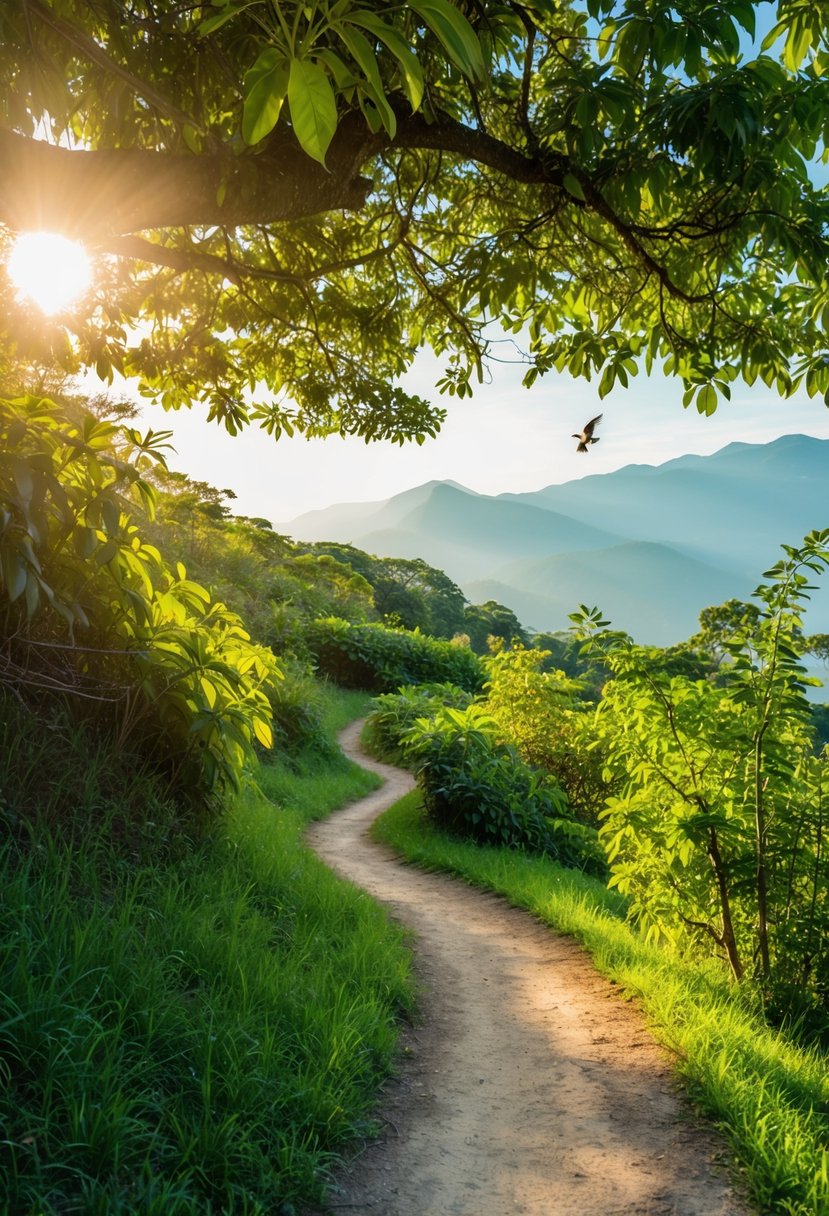 A winding trail through lush forest, sunlight filtering through the canopy, birdsong in the air, and a serene mountain view in the distance