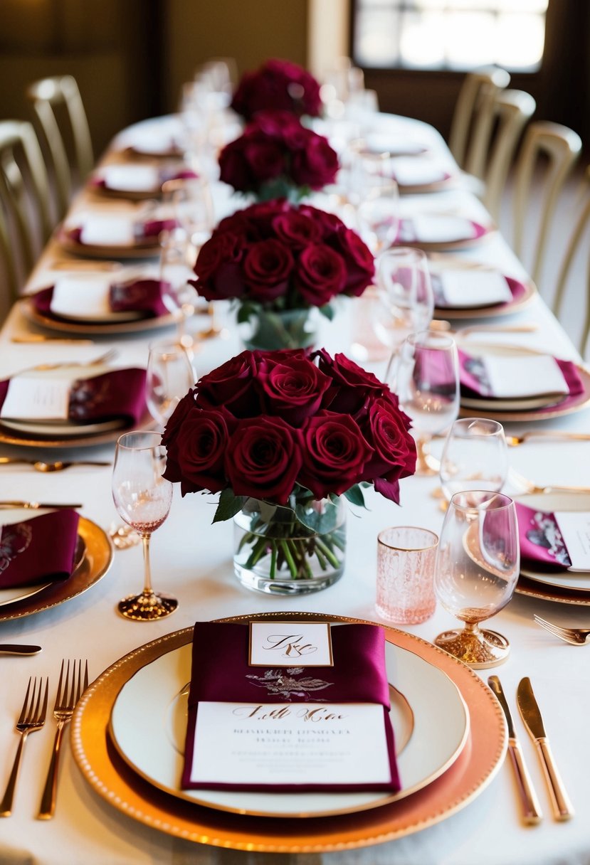 A table set with ruby red rose centerpieces, accented with rose gold details for a wedding celebration