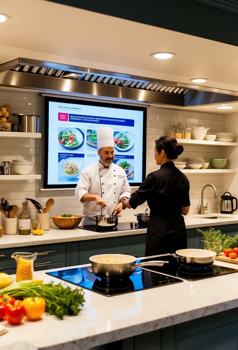 A cozy kitchen with two cooking stations, stocked with fresh ingredients and utensils. A chef instructor demonstrates a recipe on a large screen