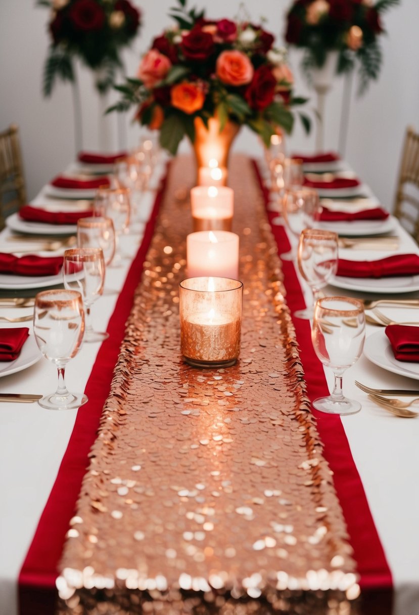 A table adorned with rose gold sequin runners, surrounded by red and rose gold wedding decor