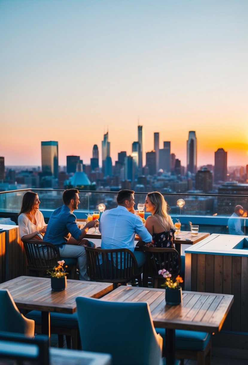 A rooftop bar with a panoramic view of the city skyline. The sun setting in the distance, casting a warm glow over the couples enjoying cocktails