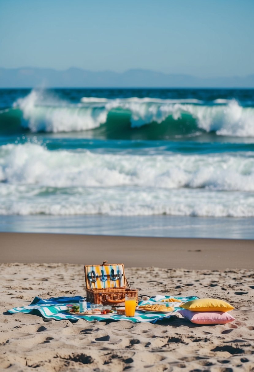 A sandy beach with a colorful picnic spread, surrounded by crashing waves and a clear blue sky