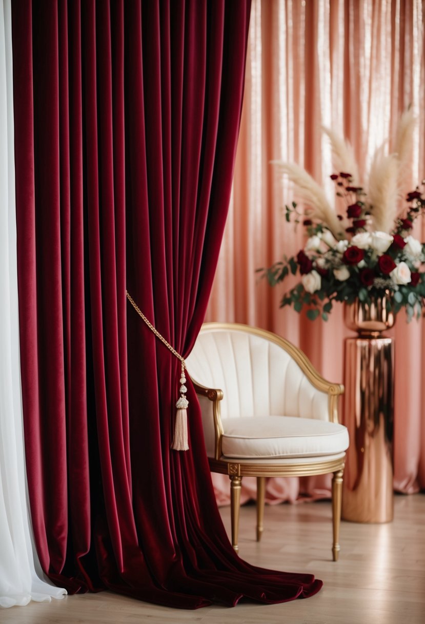 Crimson velvet drapes cascading against a backdrop of rose gold accents and decor, evoking a luxurious and romantic wedding setting