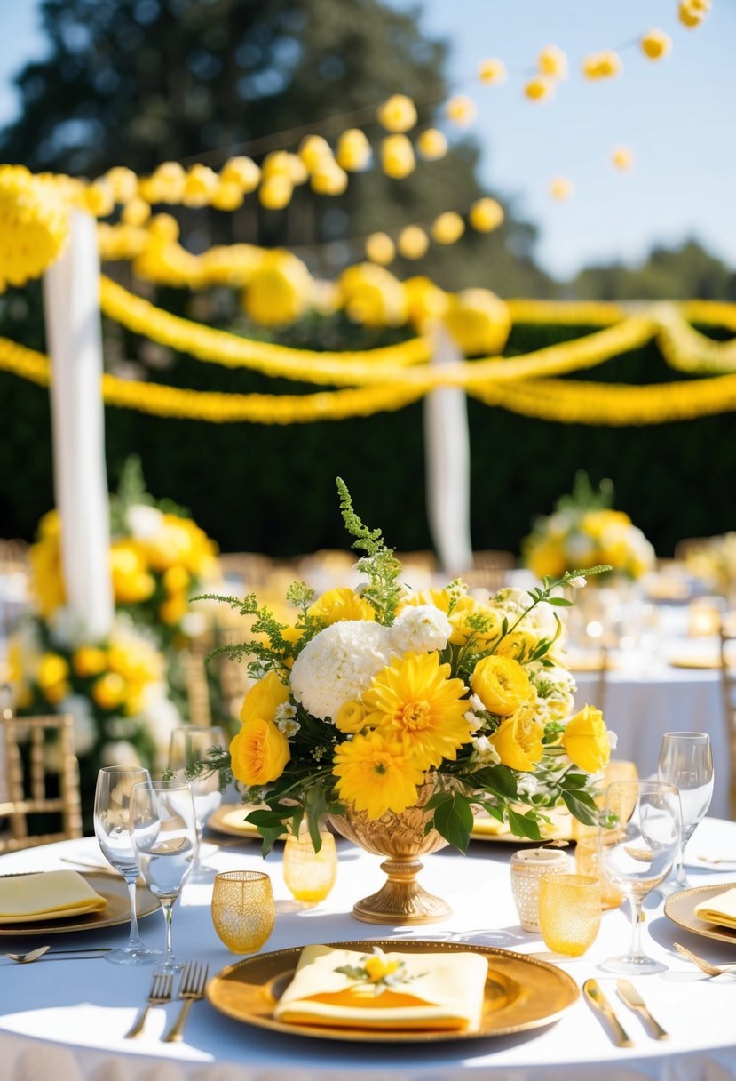 A sunny outdoor wedding with yellow flowers, lemon accents, and golden decor