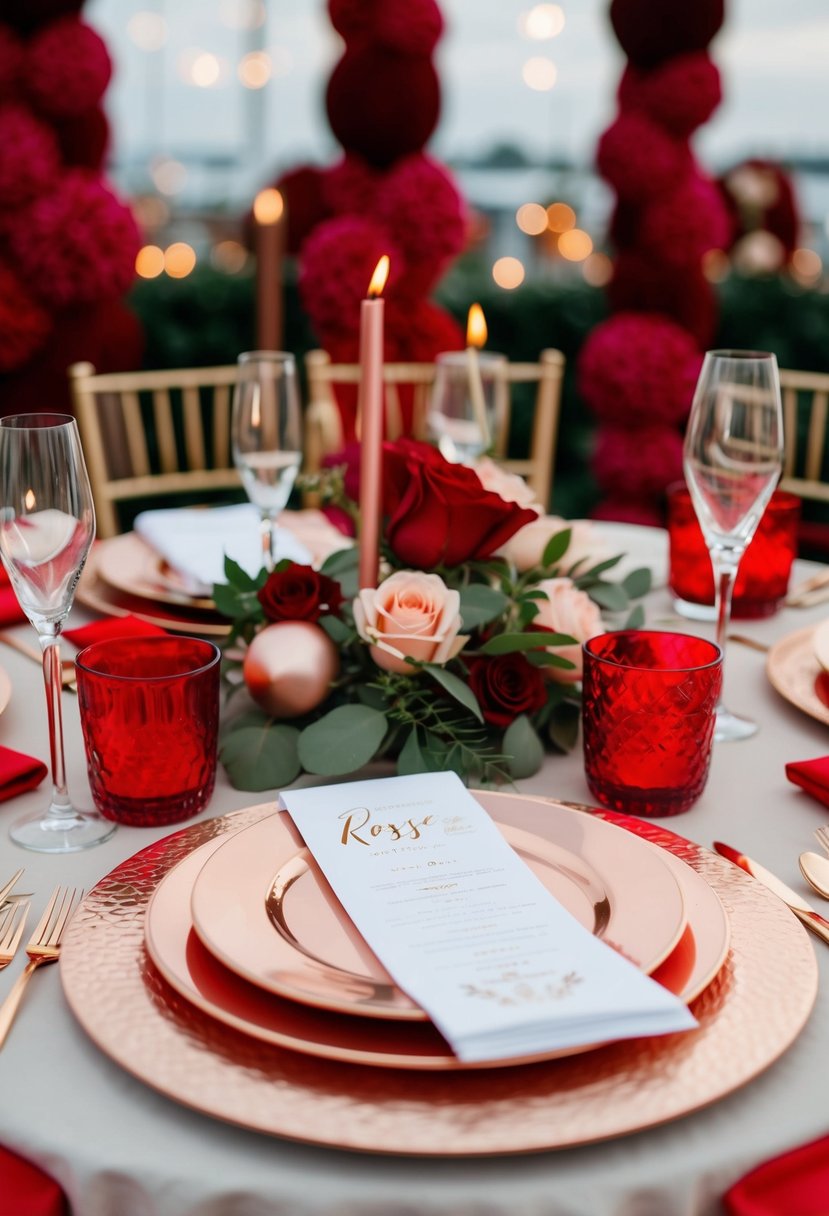 A table set with rose gold cutlery, surrounded by red and rose gold wedding decor