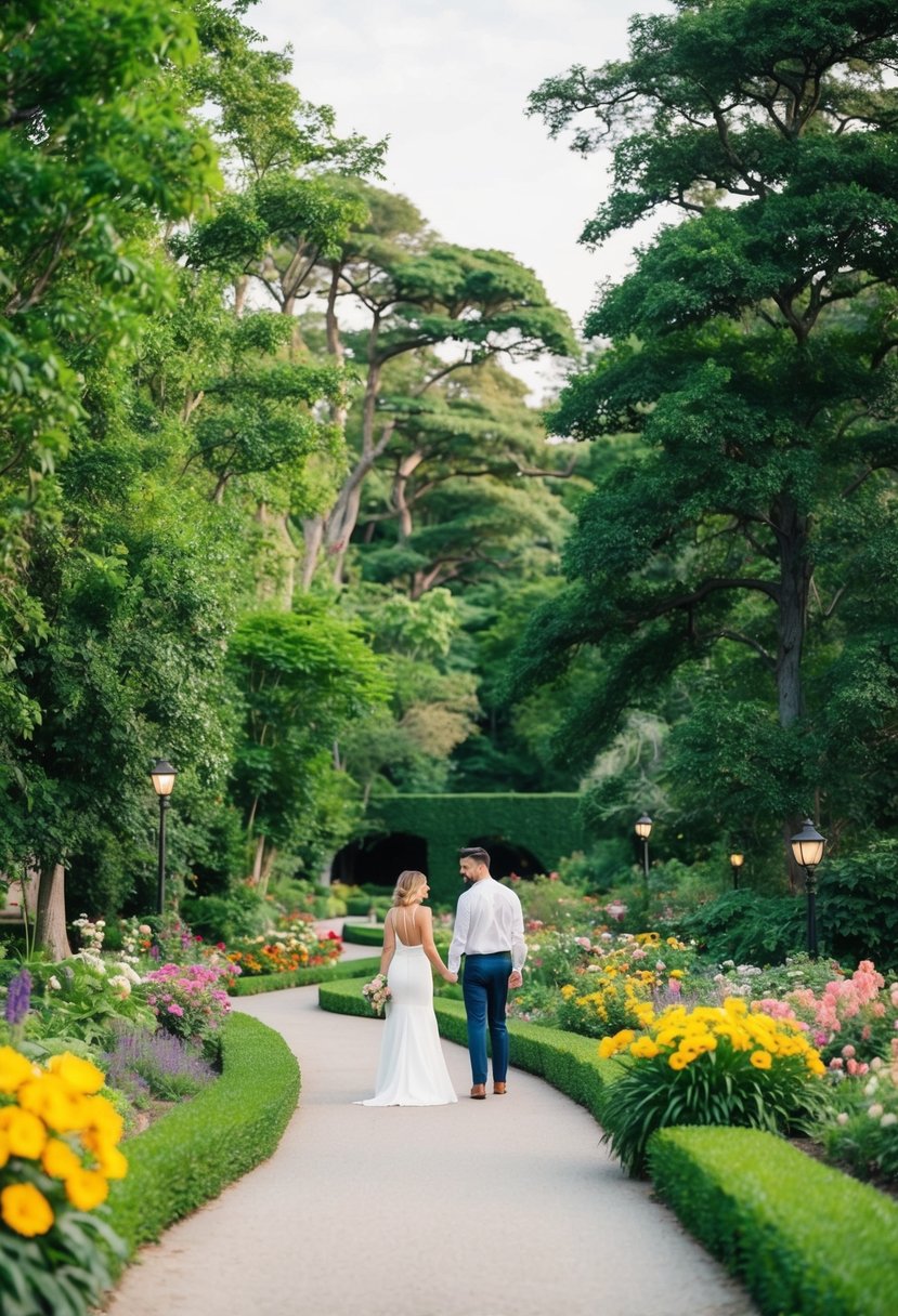 Lush greenery surrounds a winding path, colorful flowers and towering trees create a serene atmosphere for couples to explore together