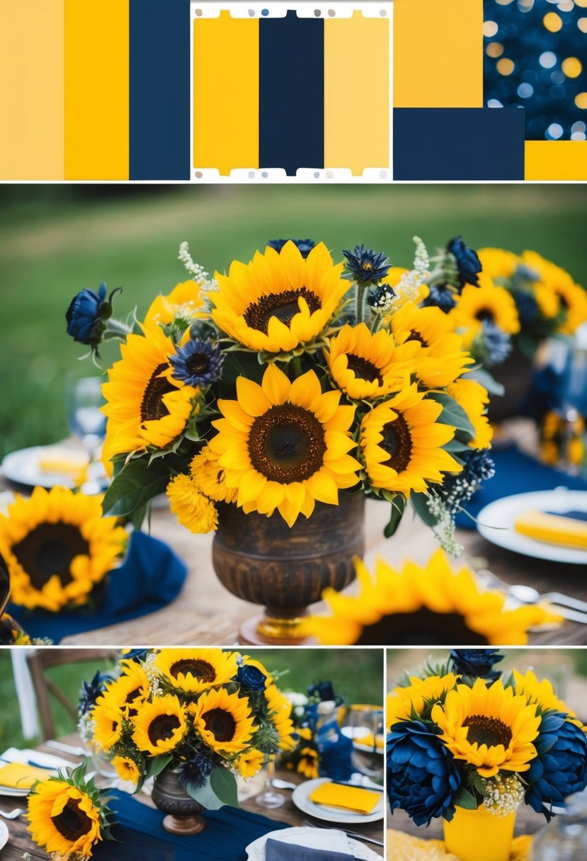 A sunflower yellow and navy yellow wedding color palette, with sunflowers and navy blue accents adorning a rustic outdoor setting