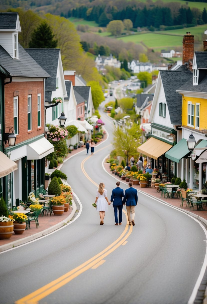 A winding road passes through quaint small towns, with charming shops and cafes. Lush greenery and blooming flowers line the streets, while couples stroll hand in hand