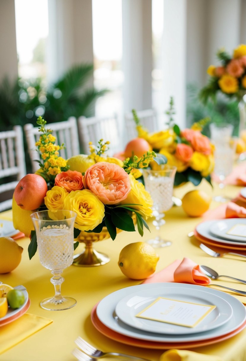 A lemon yellow and coral yellow wedding color palette with vibrant flowers, citrus fruits, and elegant table settings