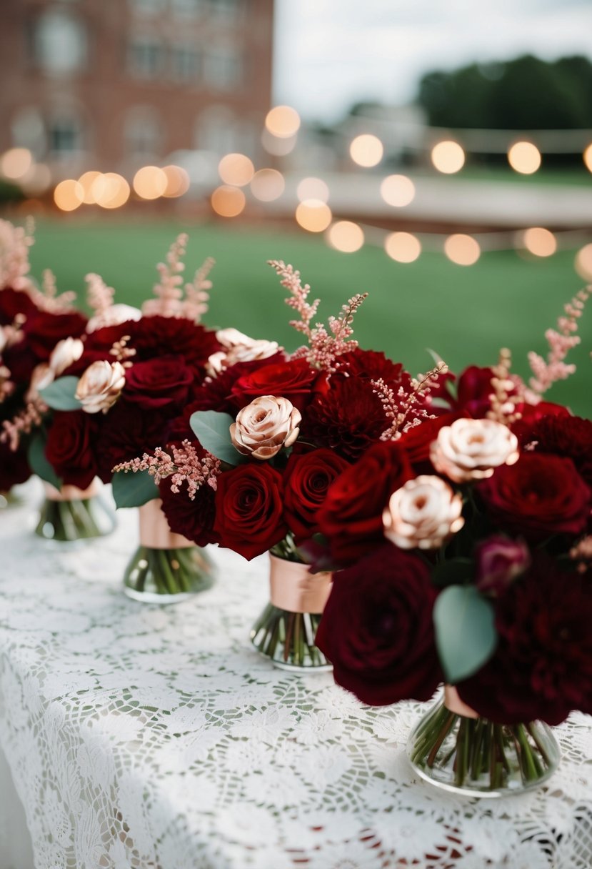 Deep red bouquets with delicate rose gold accents arranged on a white lace tablecloth