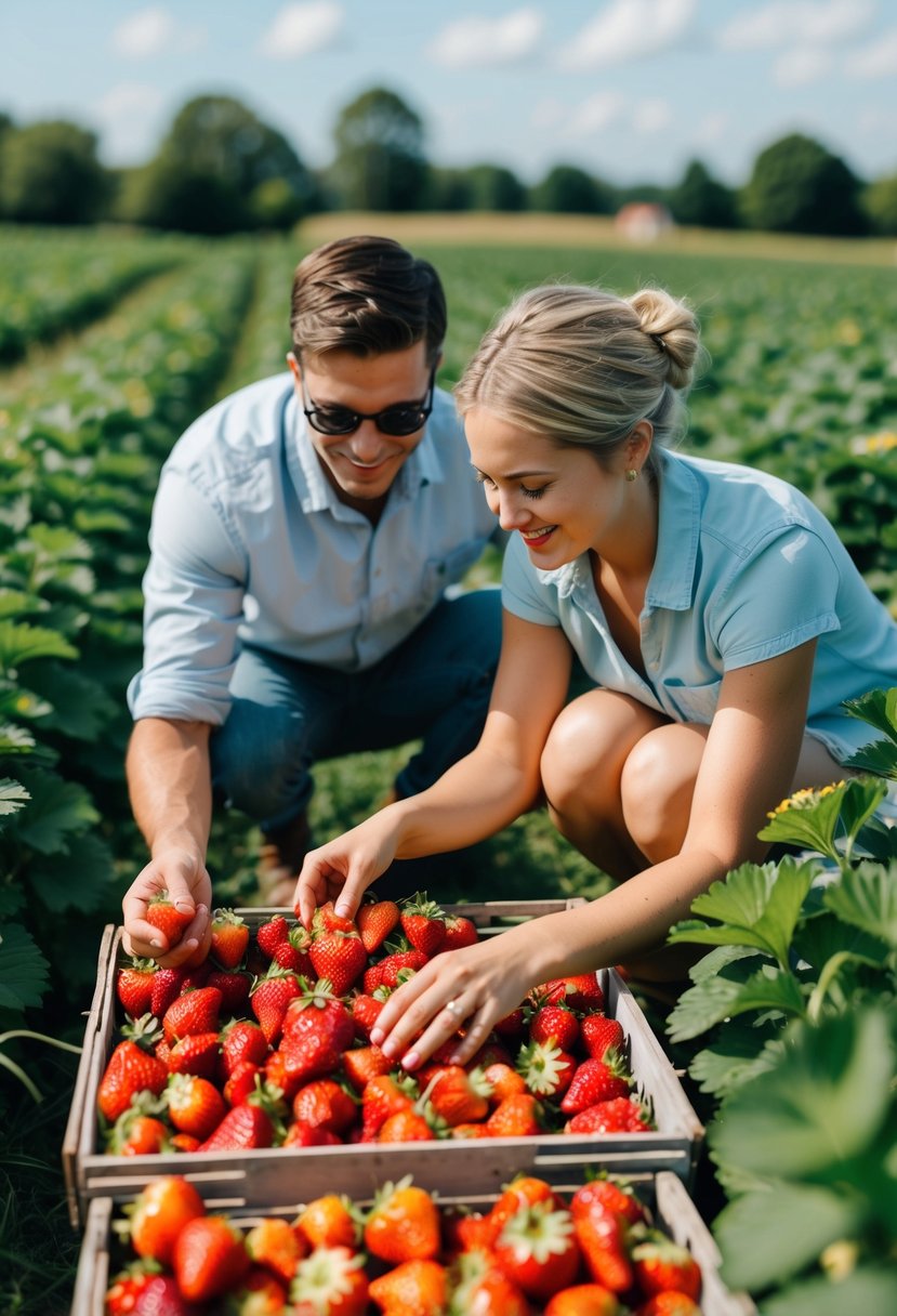 A couple picking strawberries in a lush, sun-drenched field at a local farm