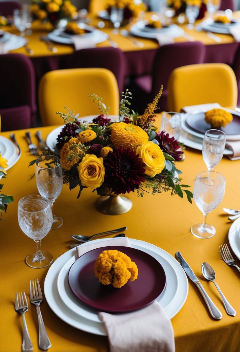 A table set with mustard yellow and burgundy yellow floral centerpieces, complemented by matching linens and place settings