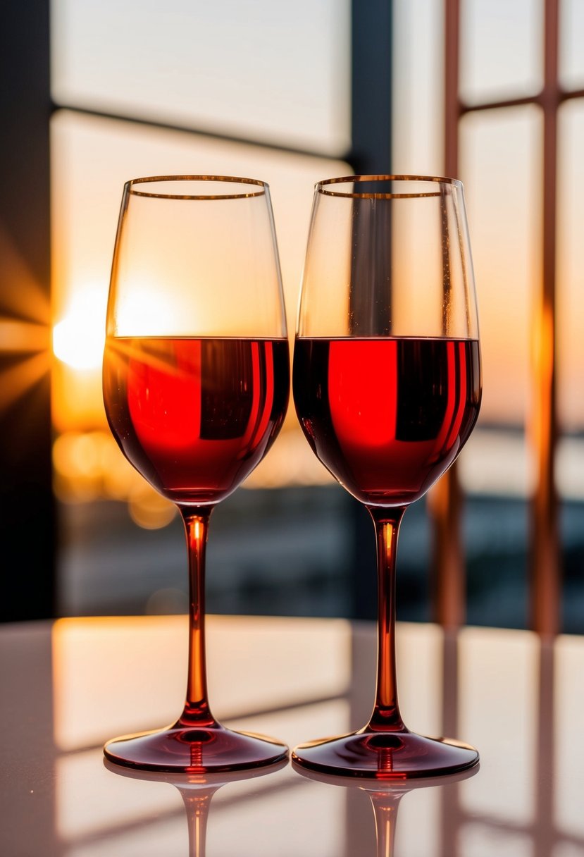 Two elegant gold-rimmed red wine glasses stand side by side, catching the warm glow of the evening sun, against a backdrop of rose gold accents