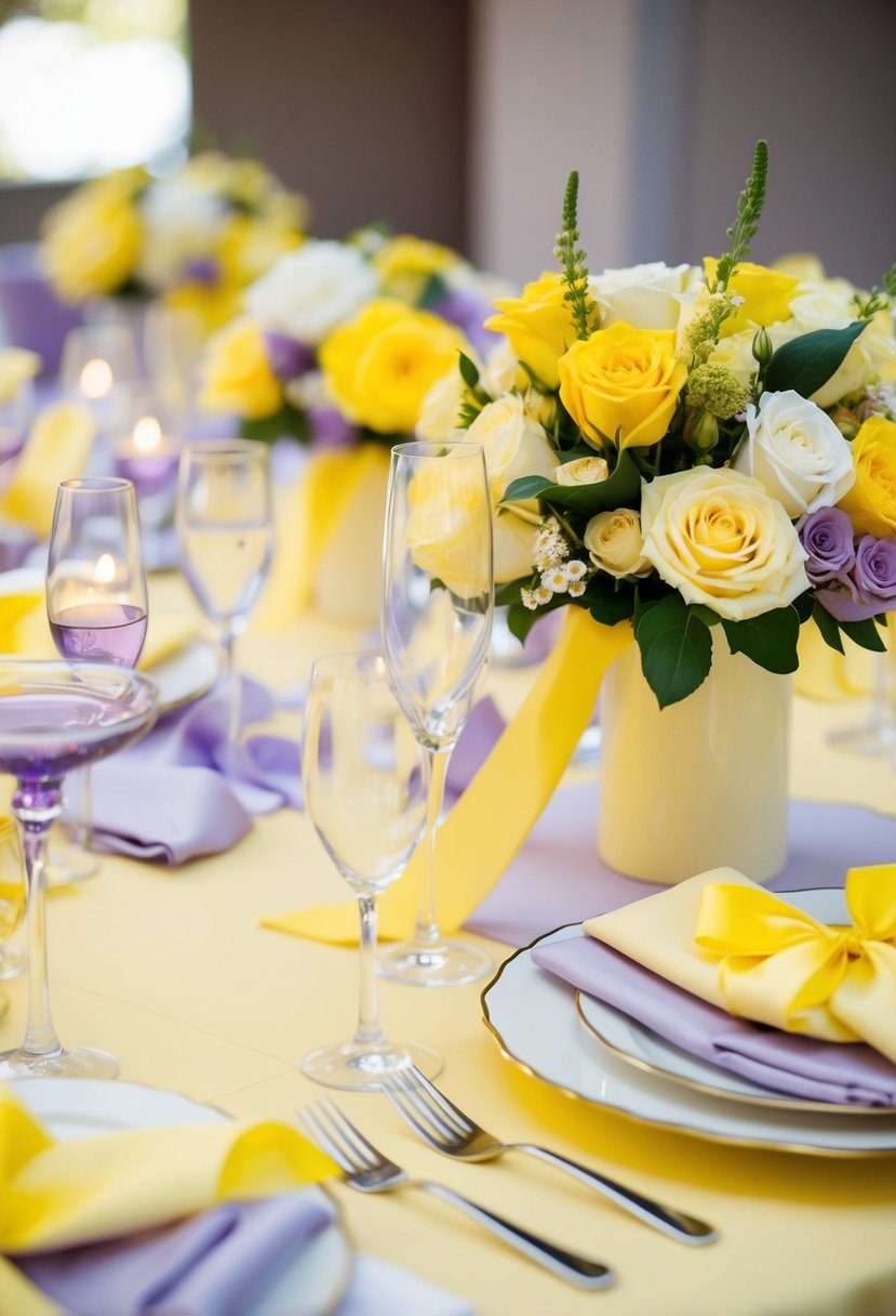 A pale yellow and lavender yellow wedding scene with flowers, ribbons, and table settings in the same color palette