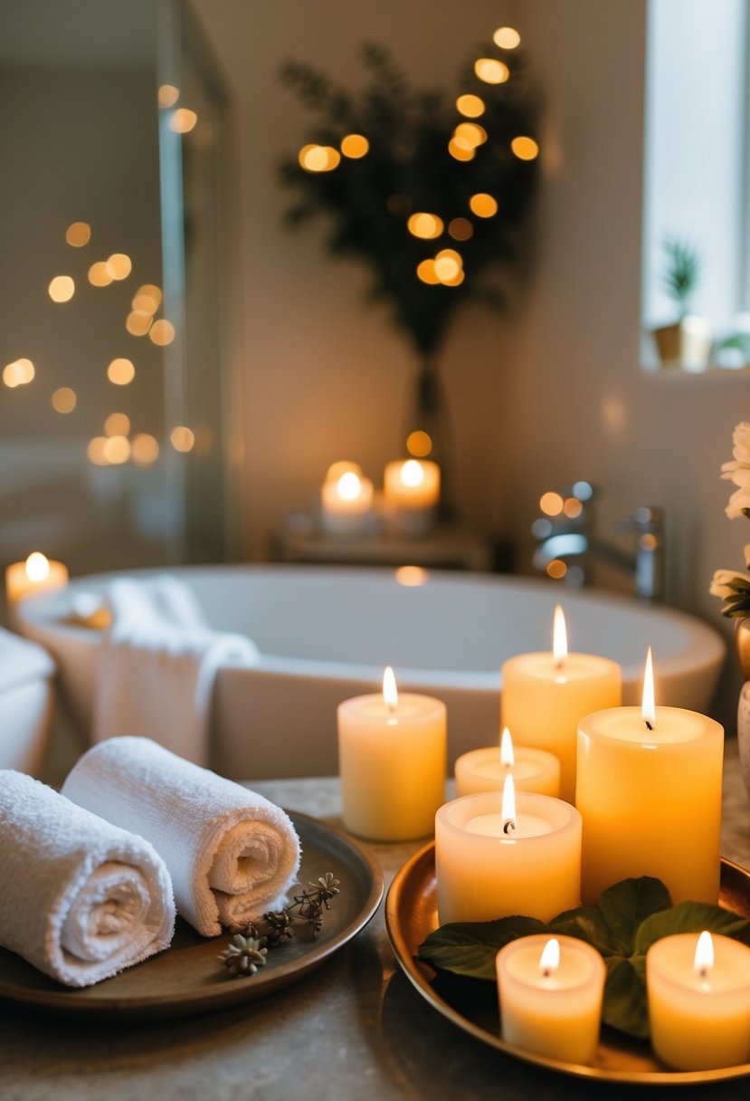 A serene bathroom with flickering candles, fluffy towels, and a tray of homemade spa treatments awaits a couple for a relaxing DIY spa day at home