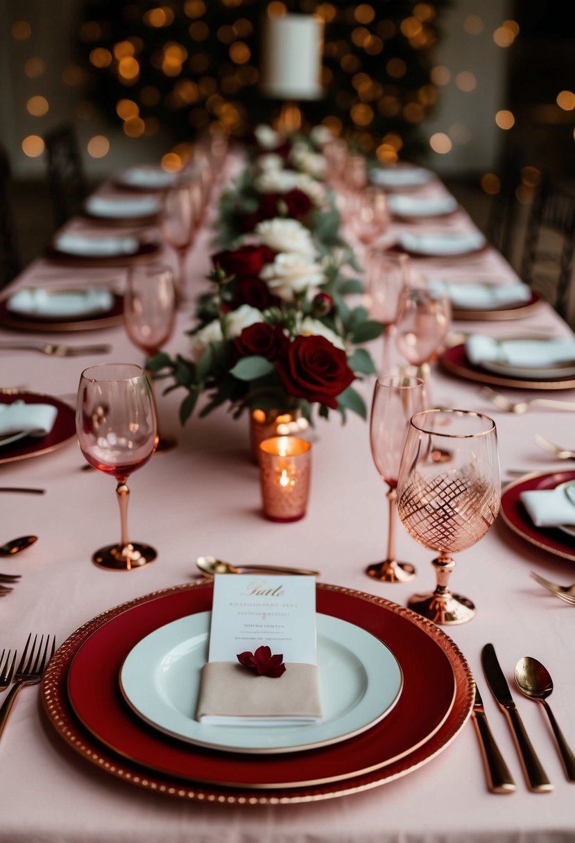 A table set with scarlet and rose gold dinnerware and decorations for a wedding