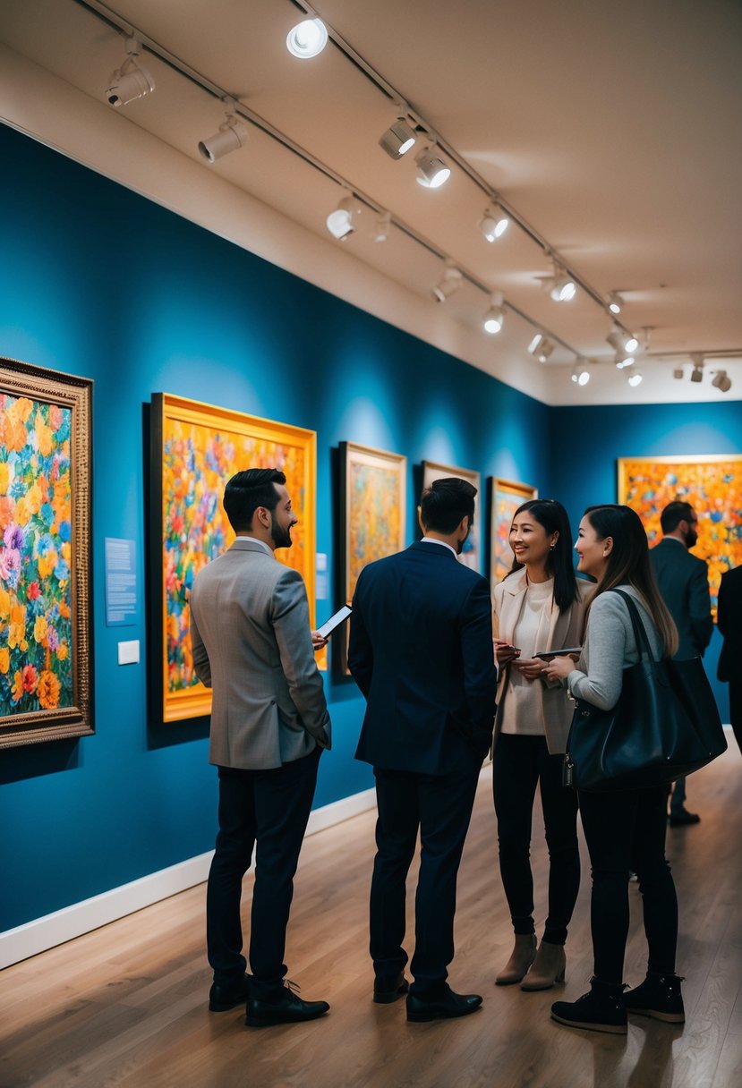 Vibrant paintings line the walls of the gallery, their bold colors and intricate details drawing in couples as they discuss their favorite pieces