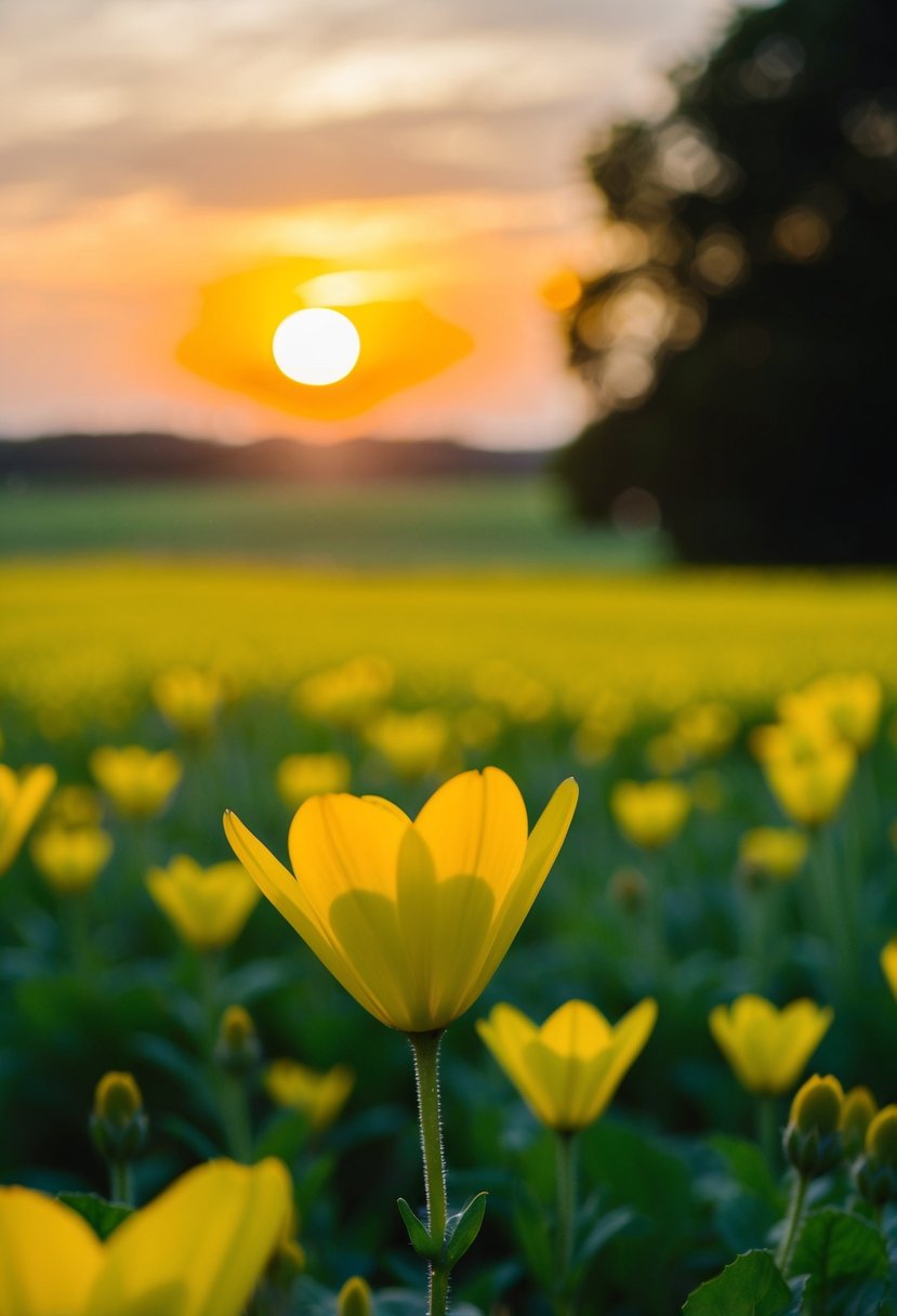 A golden yellow sun setting over an emerald green meadow