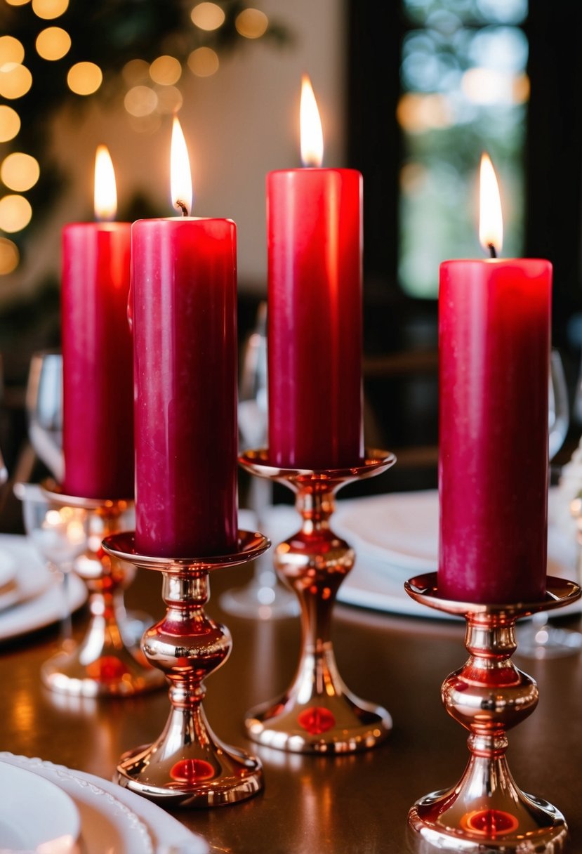 Rose gold candle holders holding scarlet candles, creating a warm and romantic ambiance for a wedding celebration