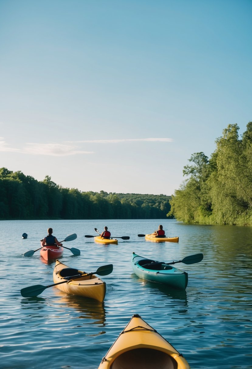 A serene lake with kayaks and canoes gliding on the calm water, surrounded by lush greenery and a clear blue sky