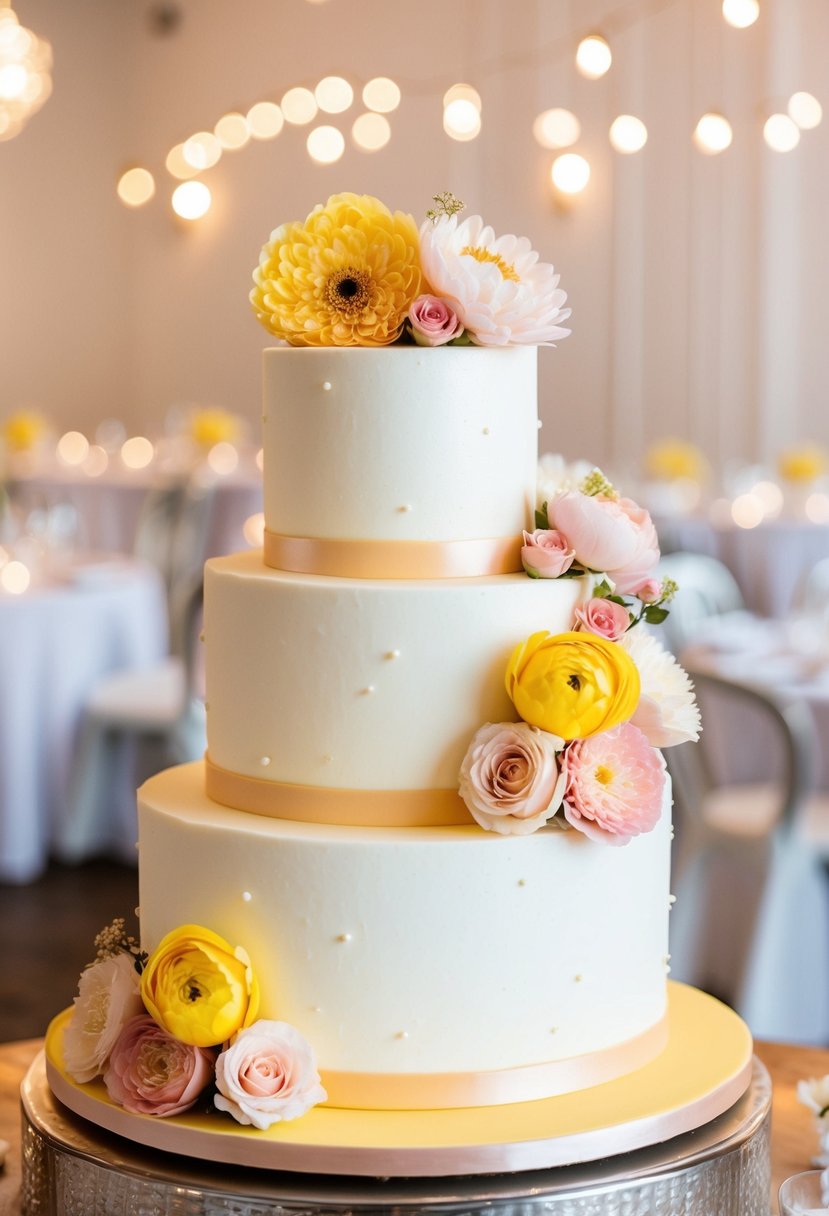 A tiered wedding cake adorned with buttercream yellow and blush pink flowers