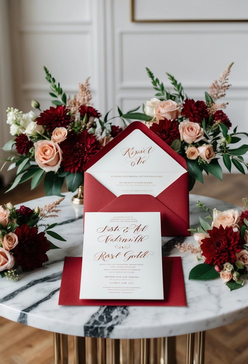 A red and rose gold invitation suite displayed on a marble table with coordinating floral arrangements and elegant calligraphy