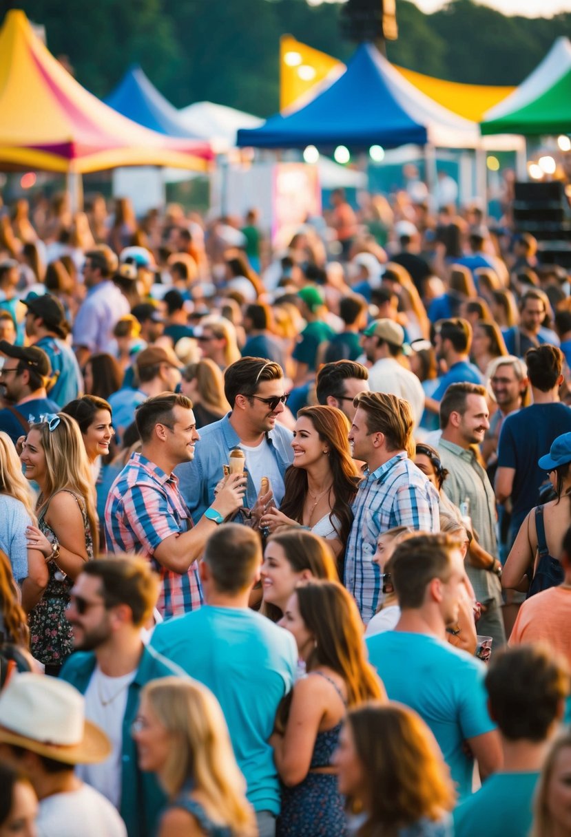 Crowds of people gather in an outdoor venue, surrounded by colorful tents and stages. Music fills the air as couples enjoy the lively atmosphere of the summer music festival