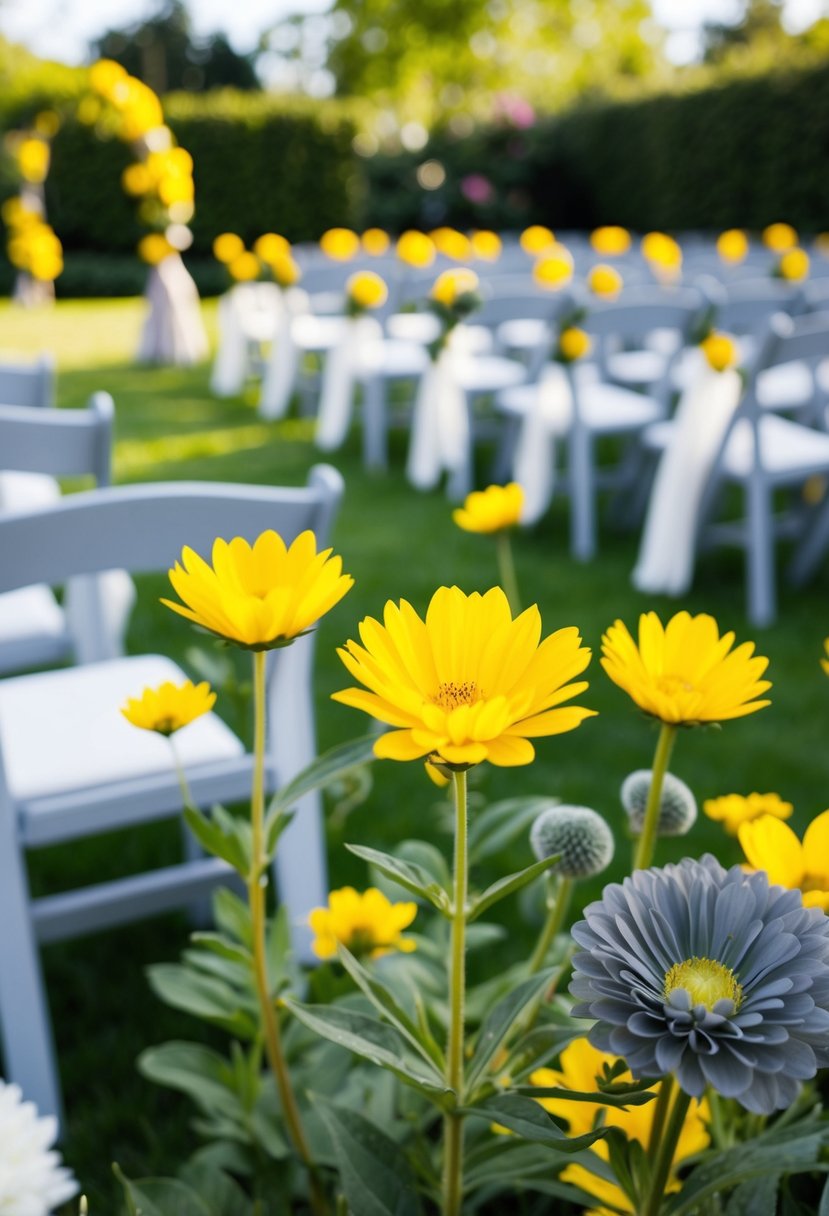 A sunlit garden with yellow flowers and gray accents, set for a wedding