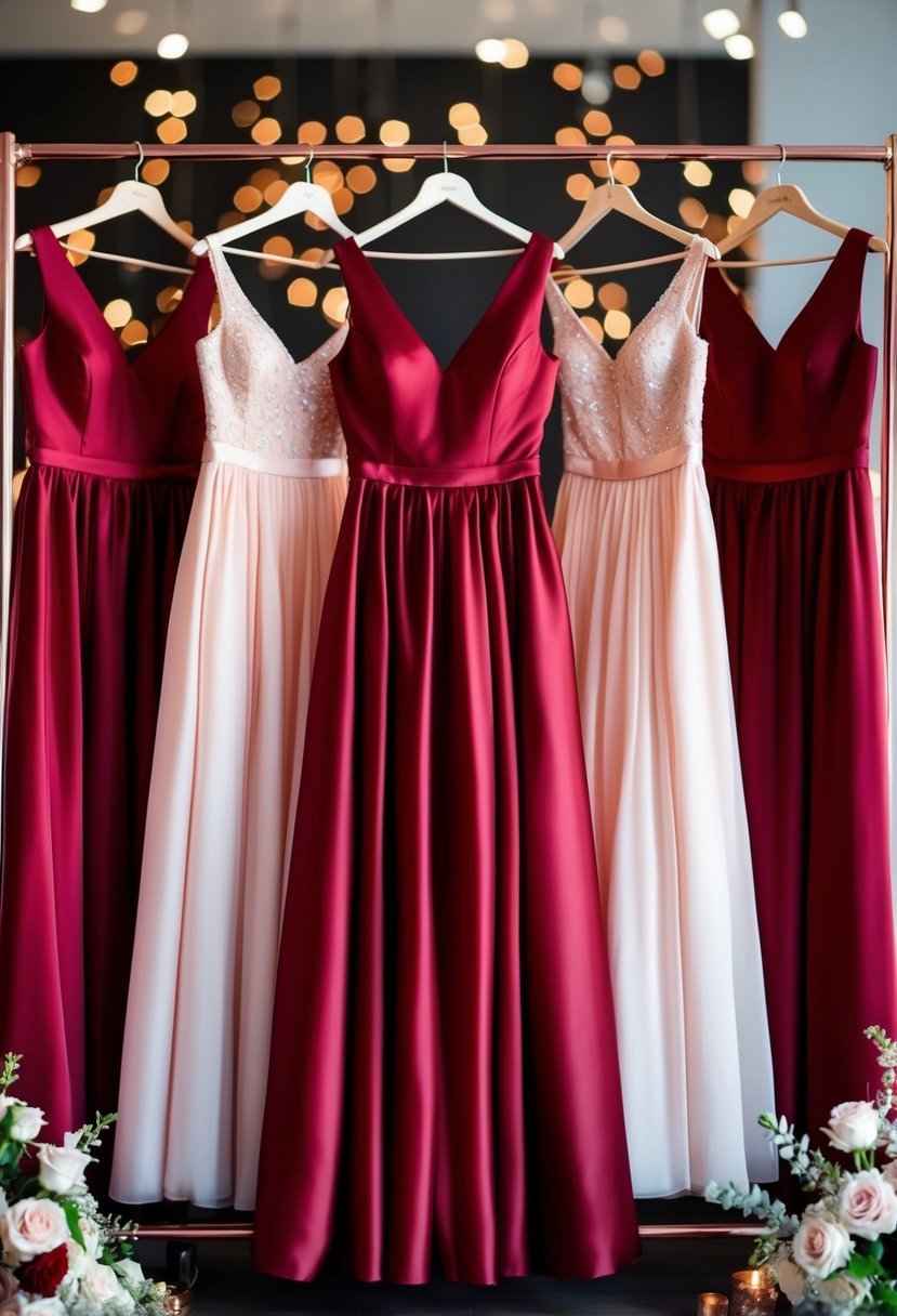 Cherry red bridesmaid dresses hanging on a rack, surrounded by rose gold wedding decor and flowers