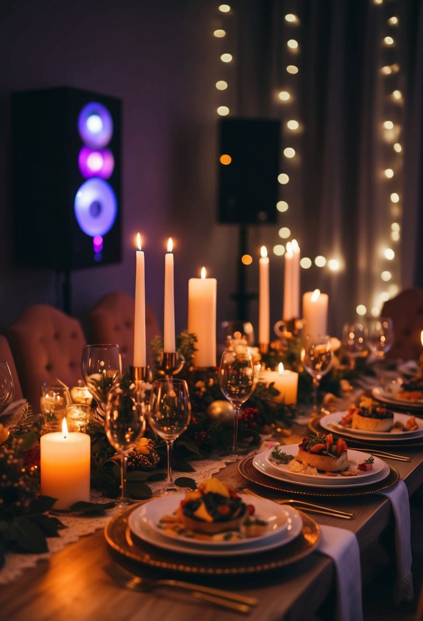 A cozy candlelit dinner table with romantic decor and themed cuisine, set against a backdrop of soft music and dim lighting