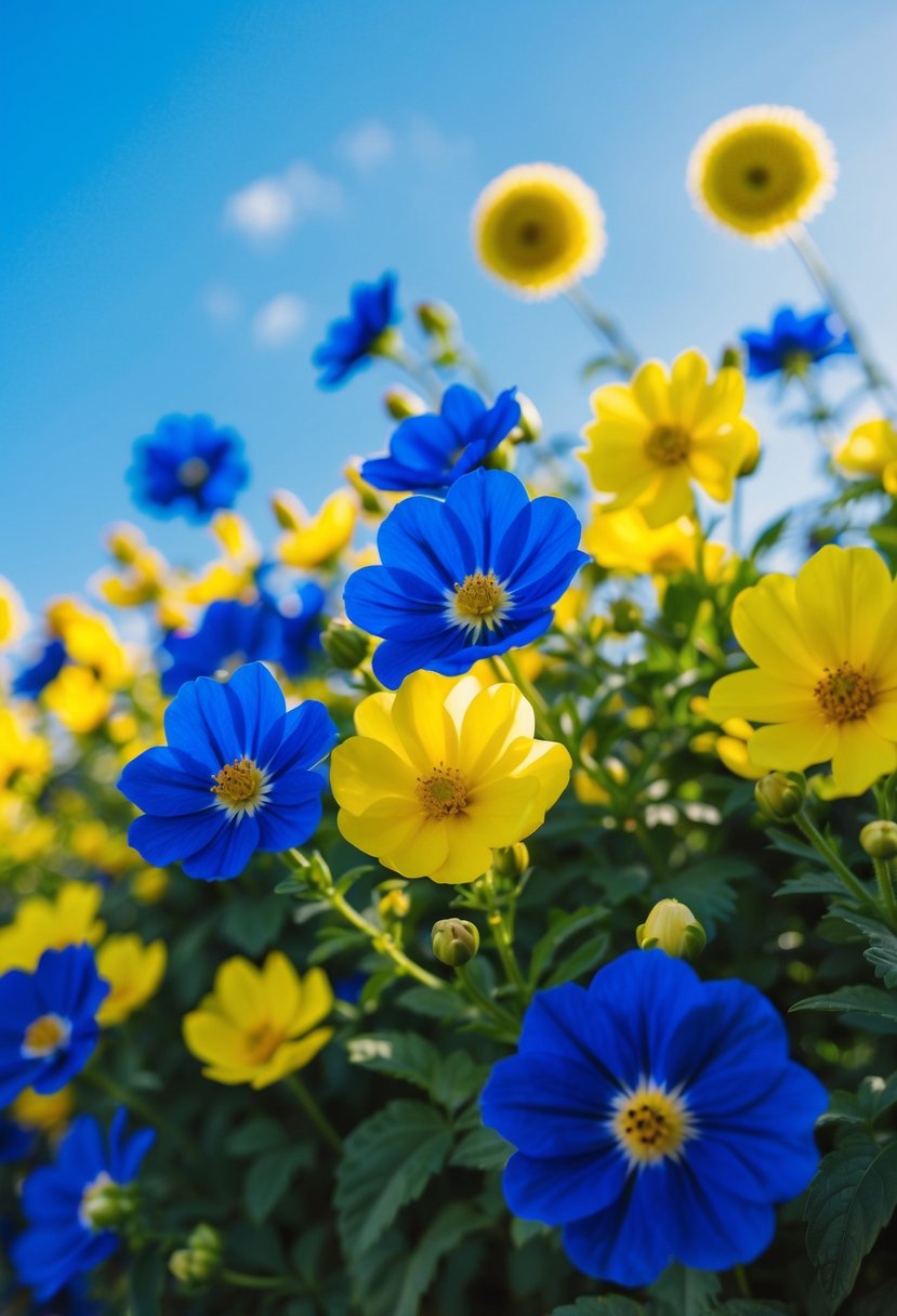 A sunlit garden with royal blue and canary yellow flowers, set against a clear blue sky