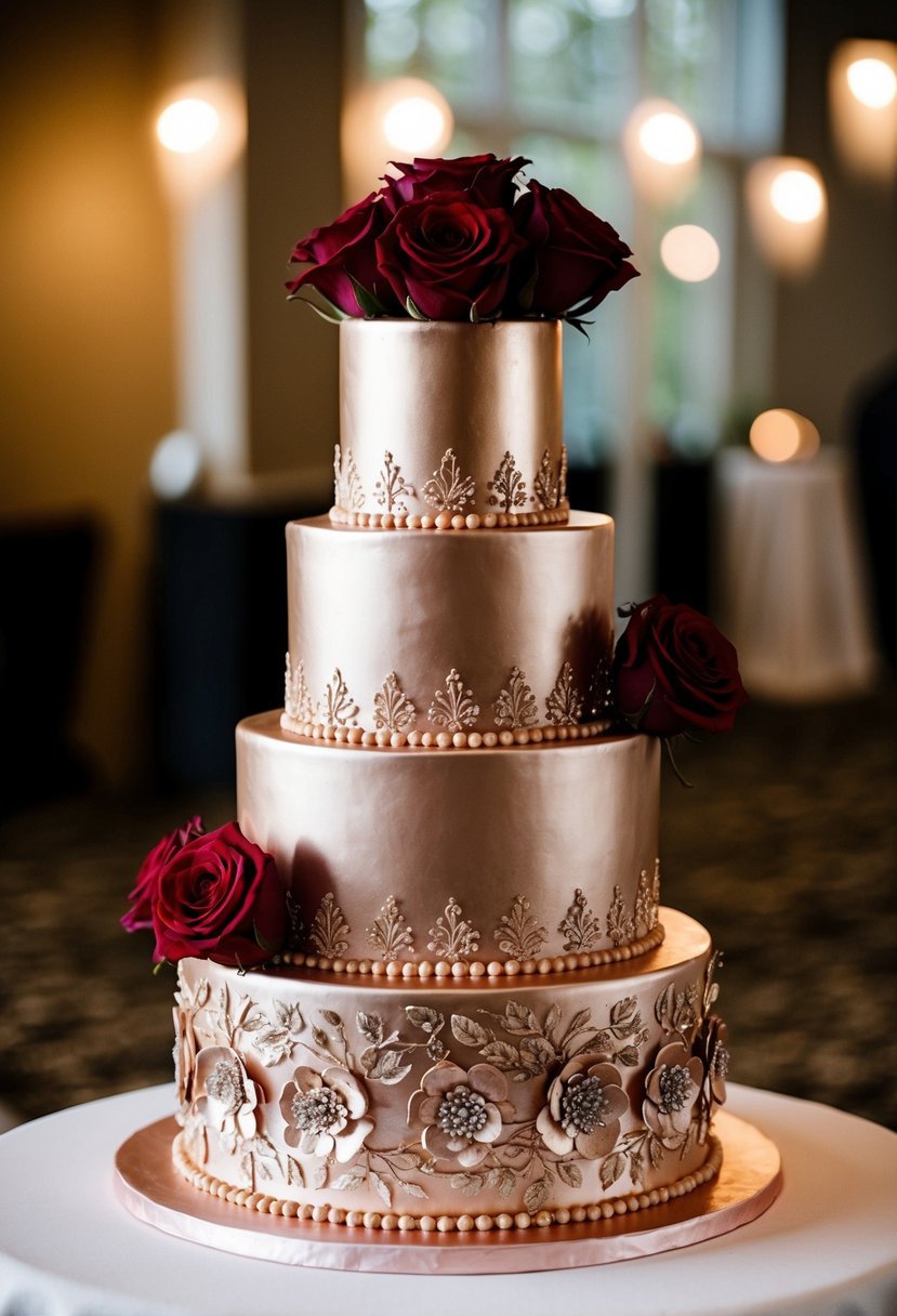 A three-tiered metallic rose gold wedding cake with intricate floral designs and accents of red roses