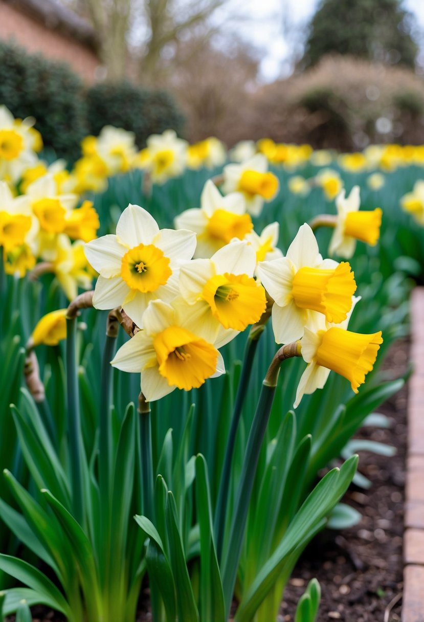 A daffodil yellow and mint green garden with blooming flowers and fresh greenery