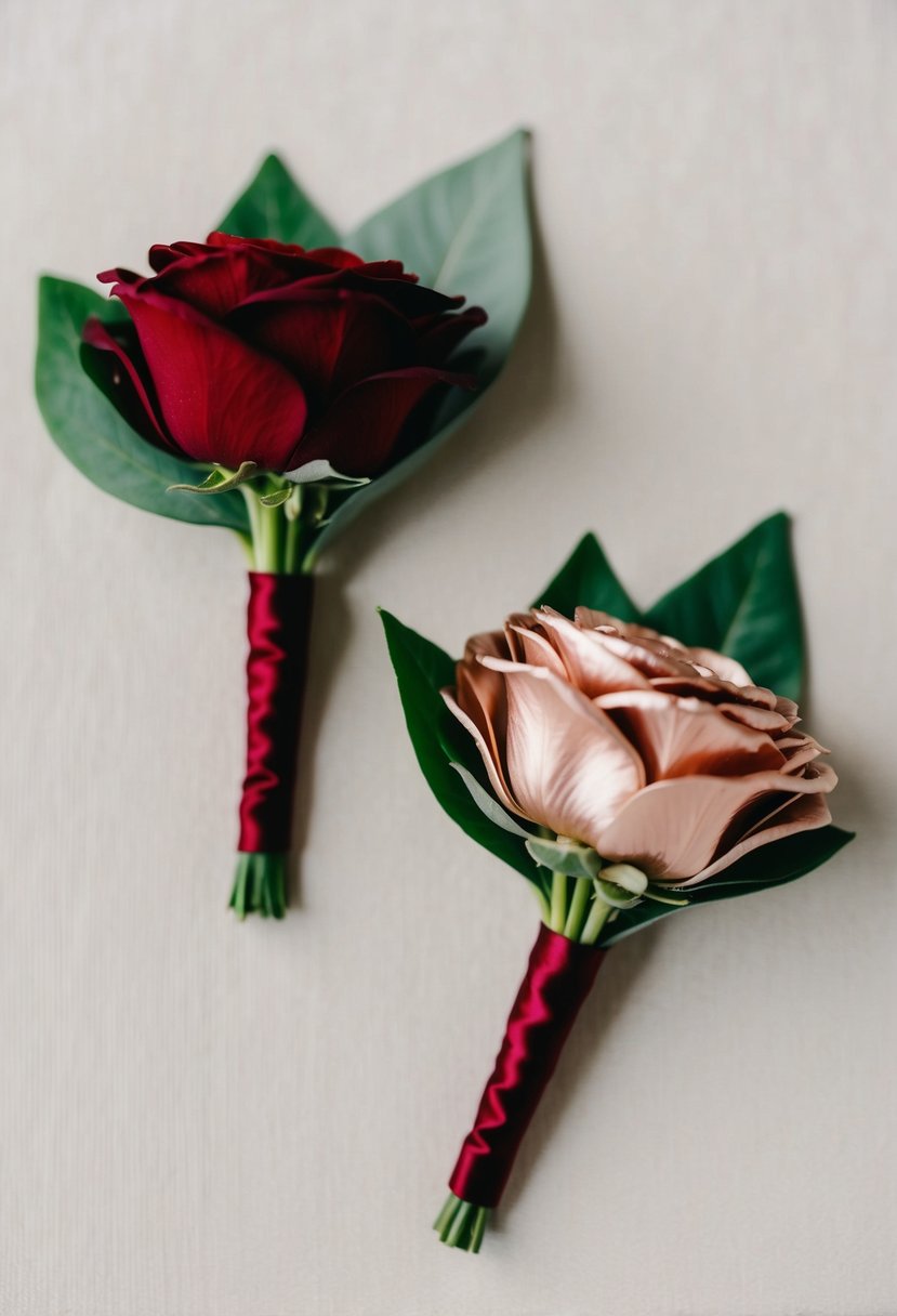 Two elegant boutonnieres, one in deep red and the other in rose gold, arranged against a soft, neutral background